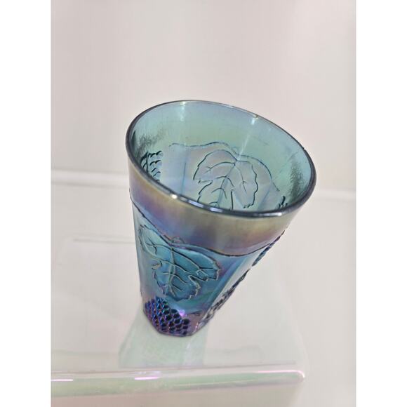 Vintage Carnival Glass Tumbler Grape Leaf Pattern Iridescent Blue - Picture 3 of 5
